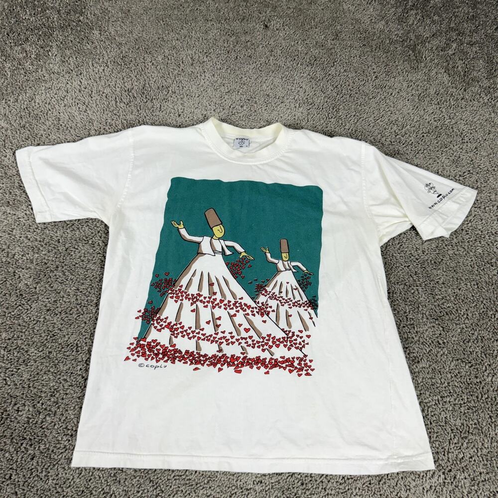 Coplu Shirt Mens Medium White Whirling Dervish Hearts Graphic Art T-Shirt Tee